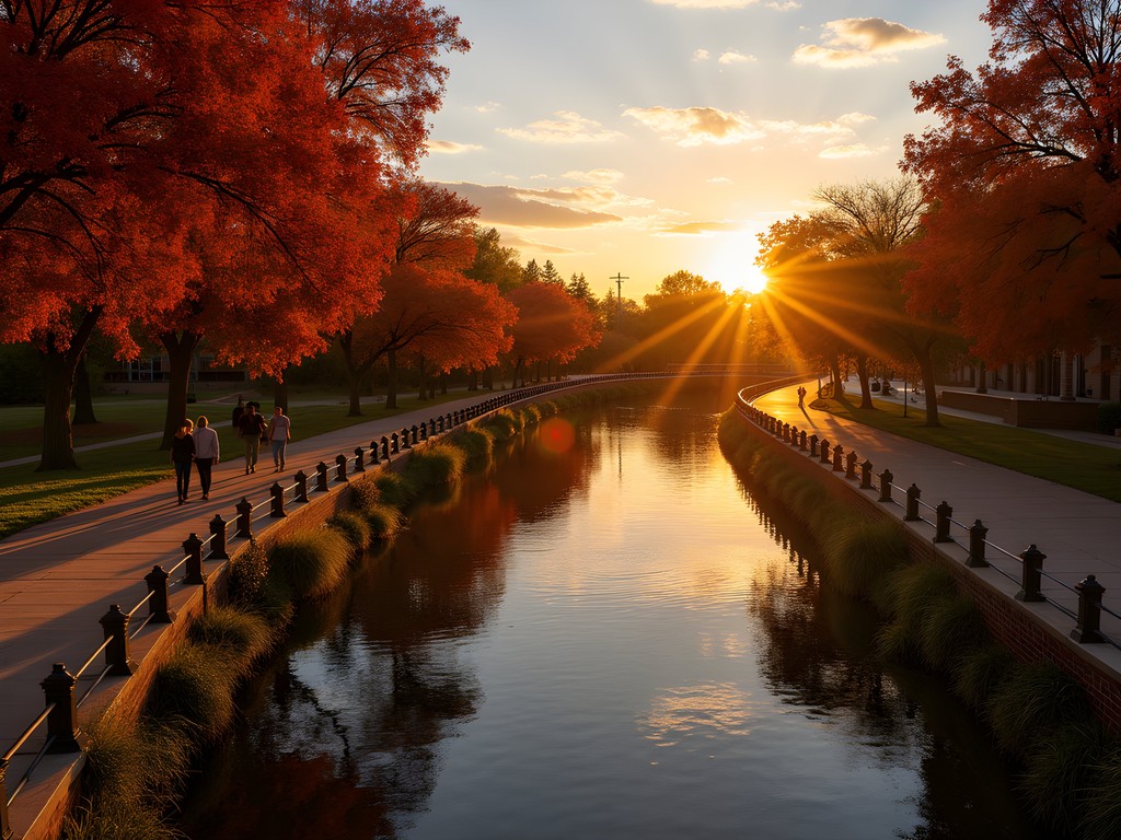 Couple enjoying sunset on Pueblo's Historic Arkansas Riverwalk with colorful autumn foliage