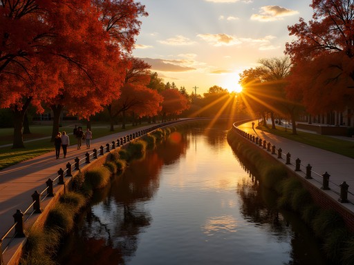 Couple enjoying sunset on Pueblo's Historic Arkansas Riverwalk with colorful autumn foliage