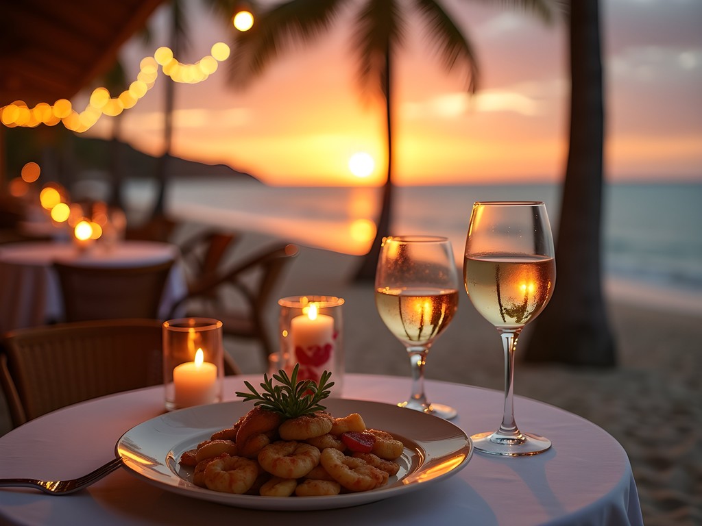 Couple enjoying romantic beachfront dinner at sunset in Puerto Vallarta