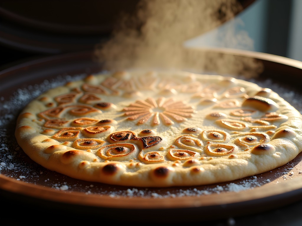 Close-up of traditional geometric patterns on freshly baked Balochi flatbread in Quetta tandoor bakery