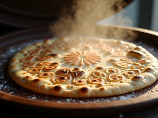 Close-up of traditional geometric patterns on freshly baked Balochi flatbread in Quetta tandoor bakery