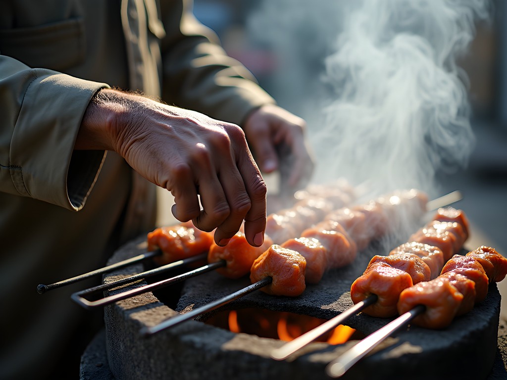 Traditional Balochi dumba meat being prepared over wood fire in Quetta street food stall