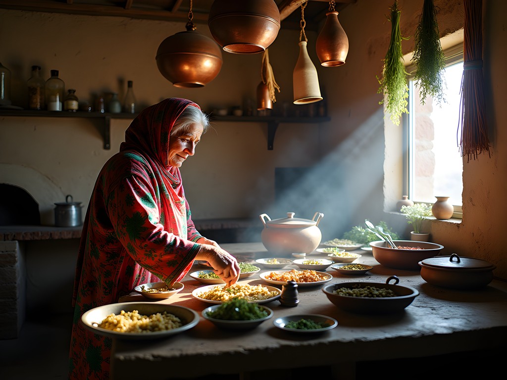 Traditional Balochi home kitchen with copper cookware and woman preparing family meal in Quetta