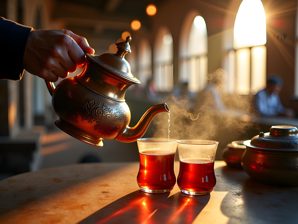 Traditional Balochi tea being poured from copper teapot into glass cups at sunrise in Quetta