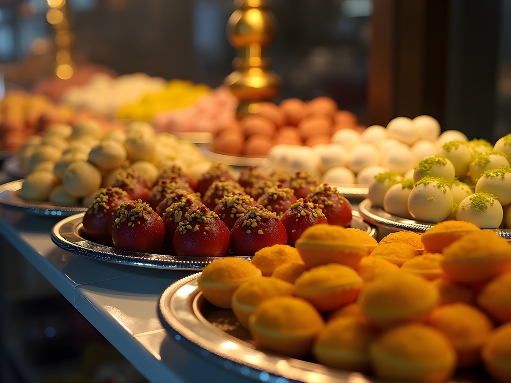Colorful display of traditional Balochi and Persian-influenced sweets at a shop in Quetta