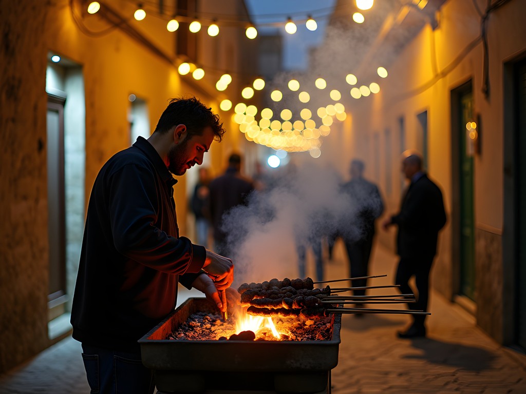 Bustling street food scene in Rabat medina with grilling brochettes