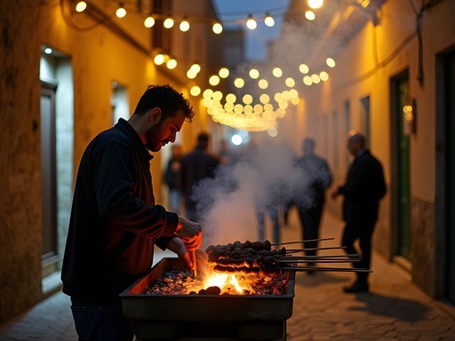 Bustling street food scene in Rabat medina with grilling brochettes