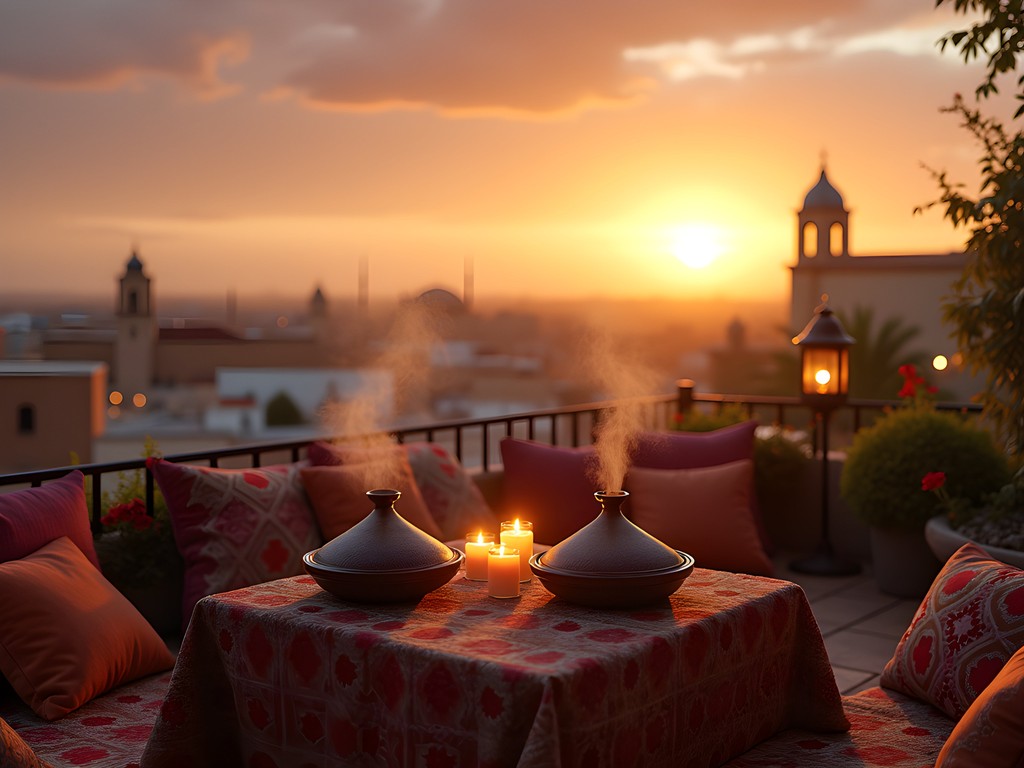 Romantic rooftop dining setting in Rabat at sunset overlooking the river