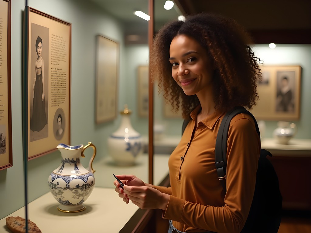 Travel blogger exploring Danish immigration exhibits at Racine Heritage Museum Wisconsin