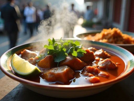 Steaming bowl of nihari being served at a traditional breakfast stall in Committee Chowk
