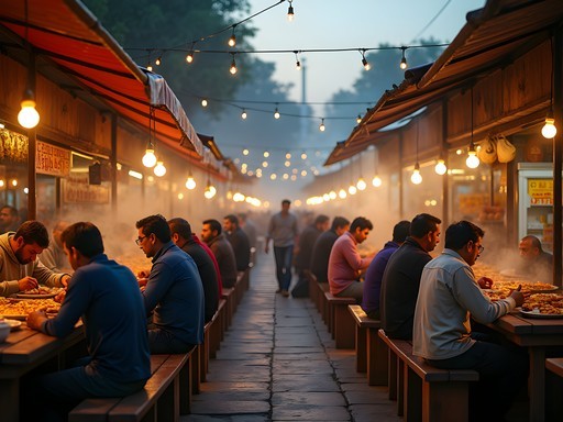 Bustling evening scene at Kartarpura Food Street with food stalls and dining crowds