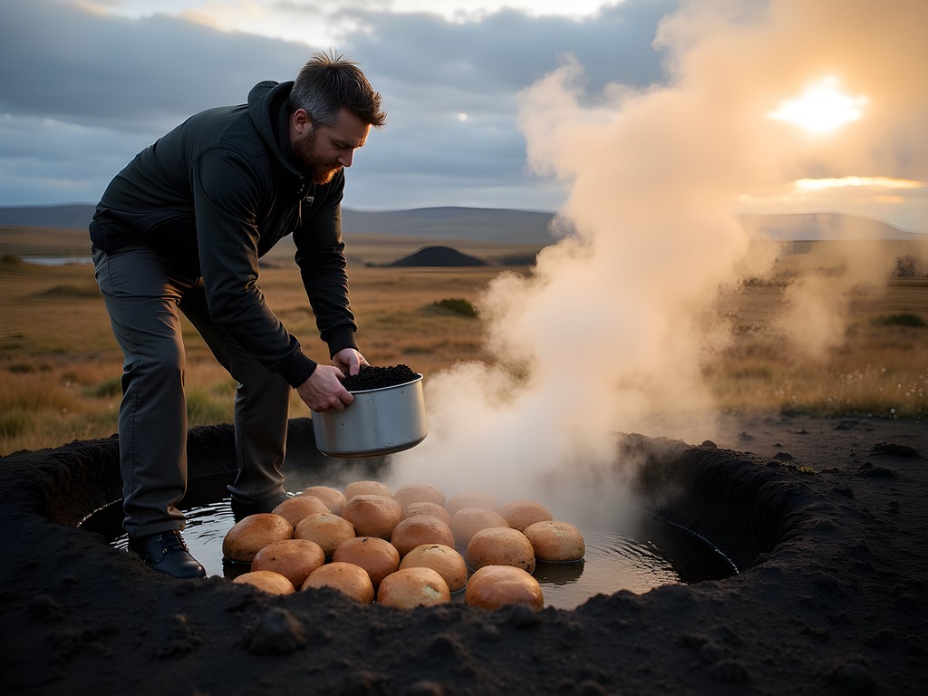 Traditional geothermal rye bread being unearthed from hot springs in Mývatn