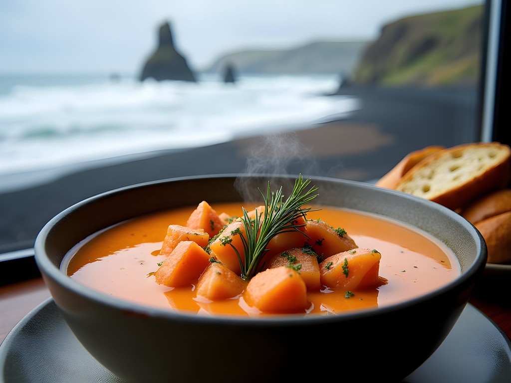 Steaming bowl of langoustine soup with Icelandic coastal view