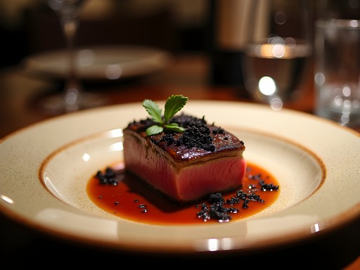 Elegant fine dining presentation of camel sirloin with truffle and date jus at Marble restaurant in Riyadh