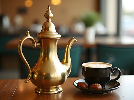 Traditional Saudi coffee being served from a brass dallah pot alongside modern specialty coffee in Riyadh