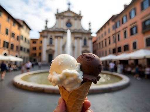 Authentic Italian gelato in a cone being held up against the backdrop of Piazza Santa Maria in Trastevere
