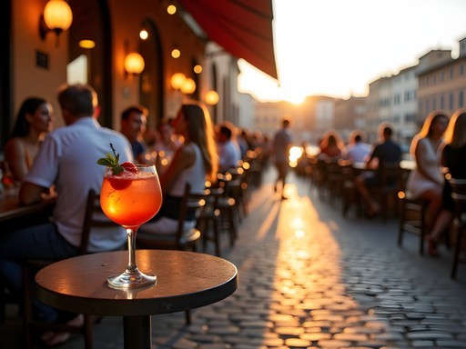 Aperol Spritz cocktail on outdoor table during golden hour at a Trastevere bar with locals enjoying aperitivo