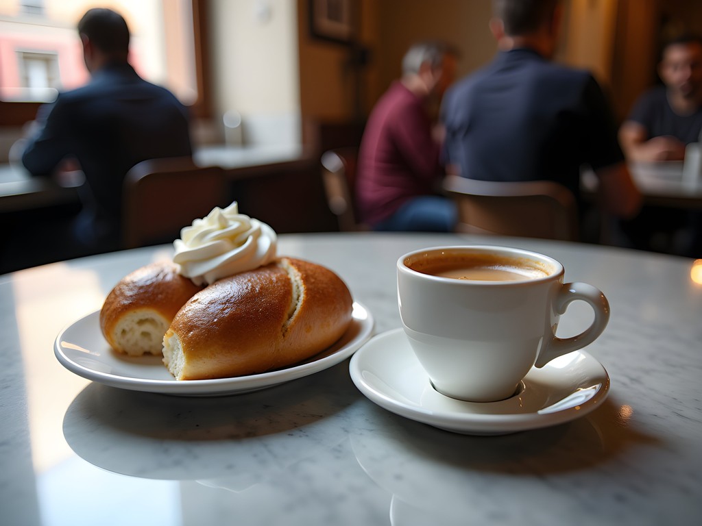 Traditional Italian espresso and maritozzo cream bun at a local Trastevere cafe counter