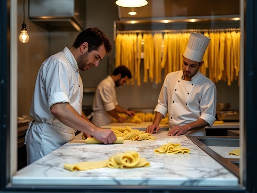 Traditional pasta making in open kitchen at Le Mani in Pasta restaurant in Trastevere, Rome