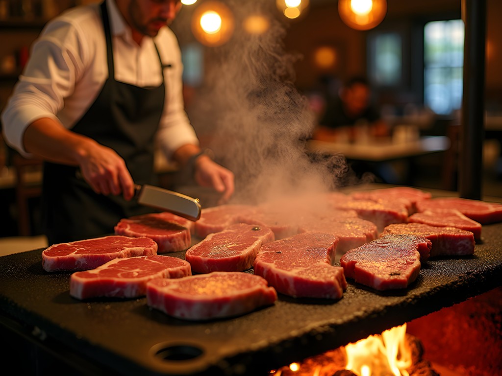 Traditional Argentine parrilla grill with various cuts of beef cooking in Rosario steakhouse