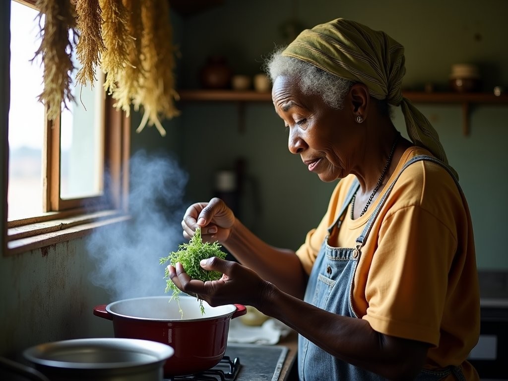 Local Dominican woman preparing traditional bush tea with fresh herbs
