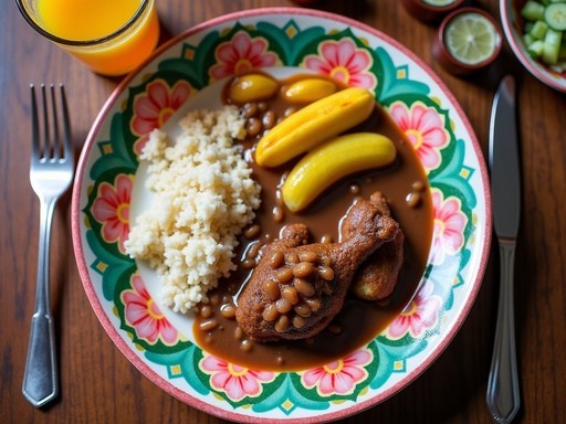 Traditional Dominican creole food plate with rice, beans, provisions, and stewed meat