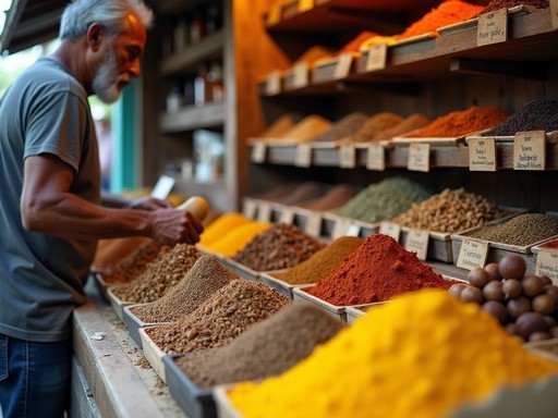 Colorful array of Dominican spices displayed at Roseau Market