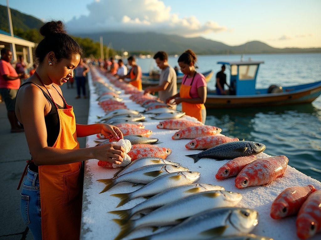 Fishermen and vendors at Roseau Fisheries Complex with fresh catch