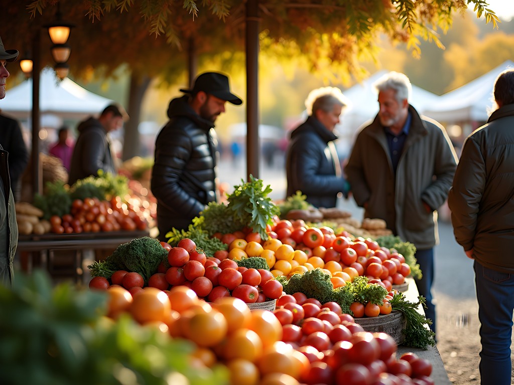 Vibrant autumn produce display at Rutland Farmers Market with local Vermont farmers and shoppers