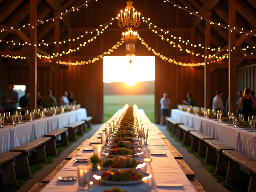Farm-to-table dinner in historic Vermont barn with long communal tables and string lights at sunset