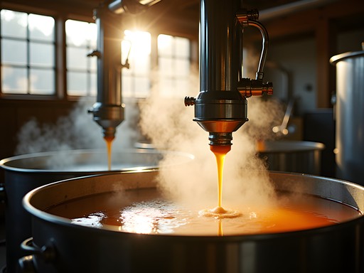 Modern maple syrup production facility with steam rising from evaporator in Vermont sugarhouse