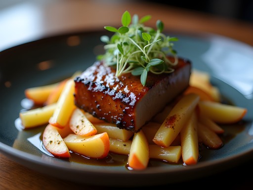 Elegantly plated maple-glazed pork belly with pickled apple slaw in a rustic restaurant setting