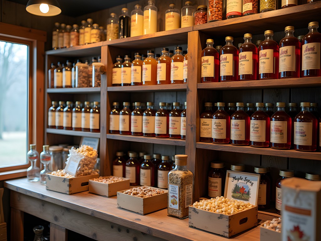 Artfully arranged display of diverse maple products in a rustic farm store in Salem, New Hampshire