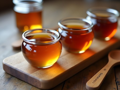Four grades of maple syrup in tasting glasses arranged from light to dark on a wooden board