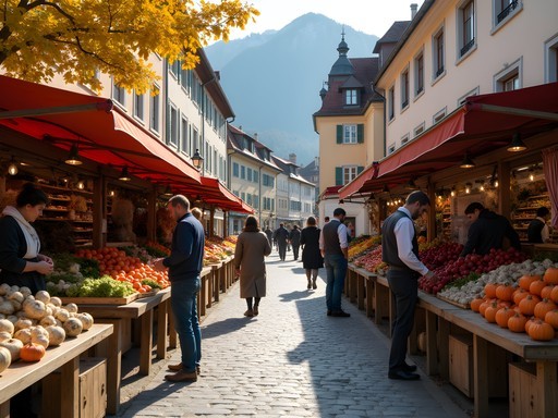 Colorful autumn produce display at Salzburg's Grünmarkt with mountains in background