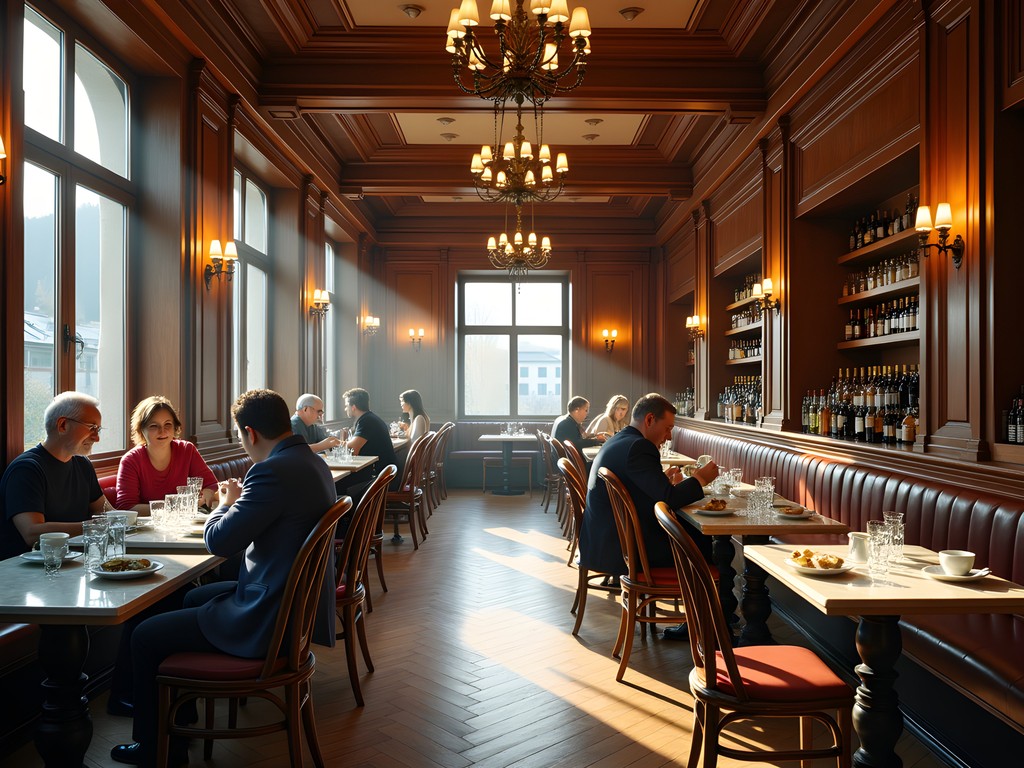 Historic interior of a traditional Salzburg coffee house with marble tables and bentwood chairs