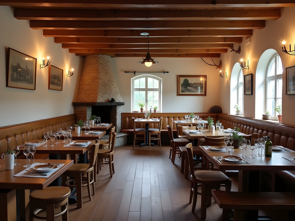 Cozy interior of a traditional Salzburg Gasthaus with wooden furniture and ceramic stove