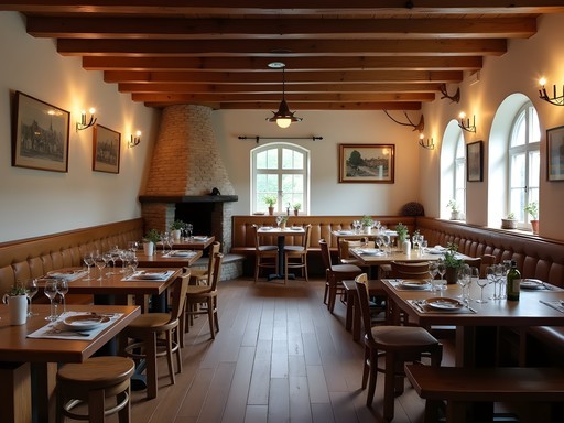 Cozy interior of a traditional Salzburg Gasthaus with wooden furniture and ceramic stove