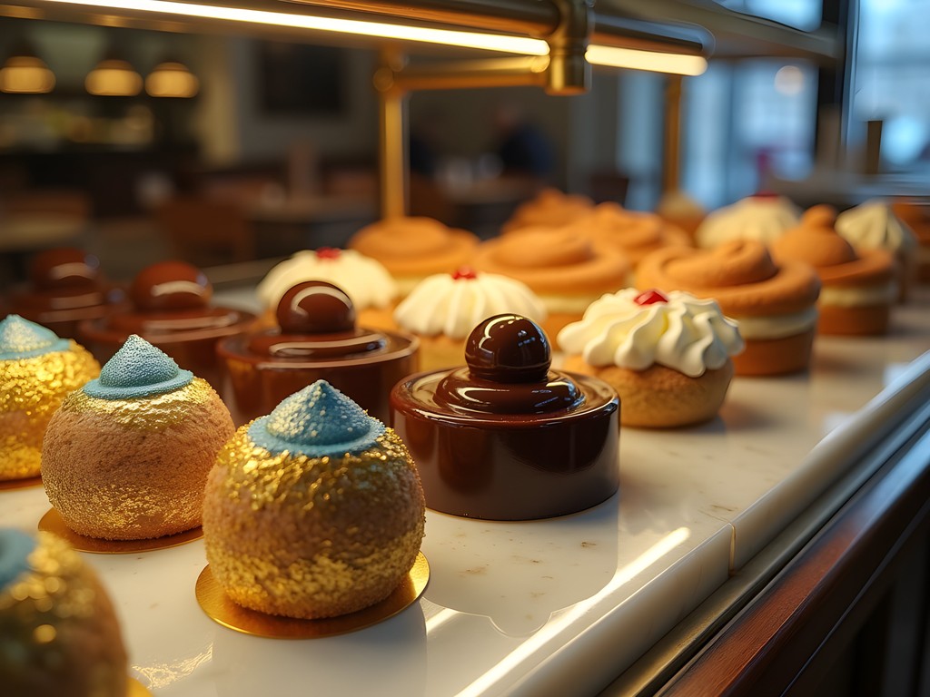 Elegant display of traditional Salzburg pastries including Mozartkugel and Sachertorte