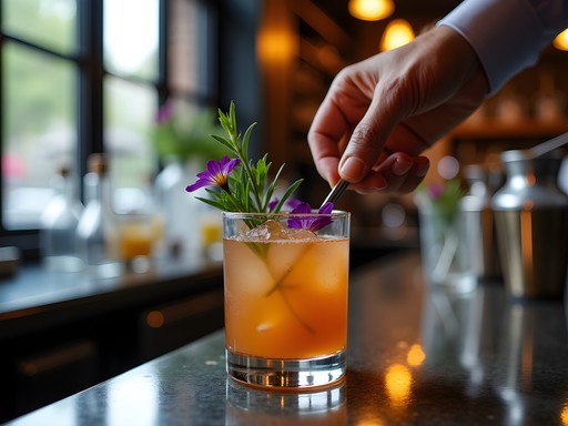 Artisanal craft cocktail with local Texas ingredients being prepared at upscale River Walk bar