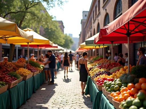 Vibrant Pearl Farmers Market in San Antonio with colorful produce stands and local vendors
