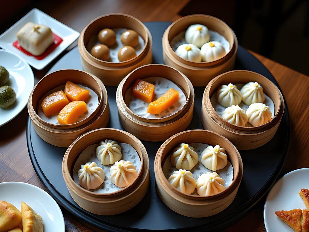 Colorful array of dim sum dishes from San Francisco's Chinatown
