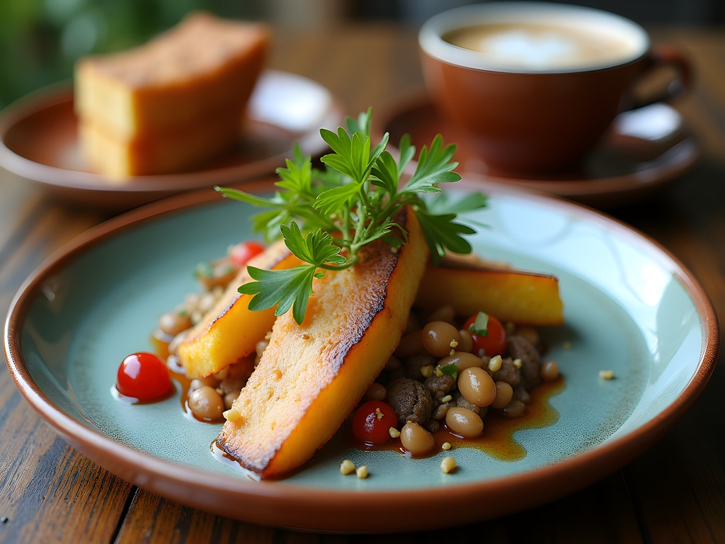 Elegantly plated modern Costa Rican fusion dish combining traditional ingredients with contemporary presentation