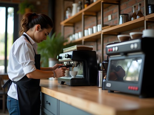 Modern specialty coffee shop in San Jose with barista preparing pour-over coffee