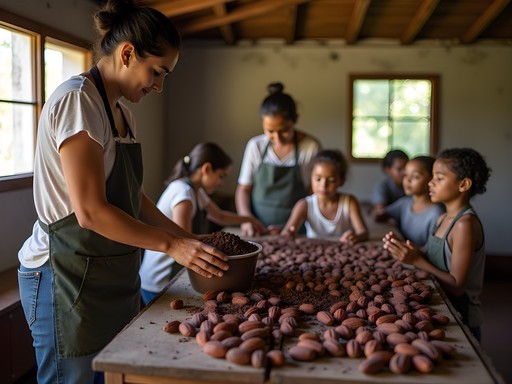 Cacao pods and chocolate-making demonstration at a small producer in San Pedro