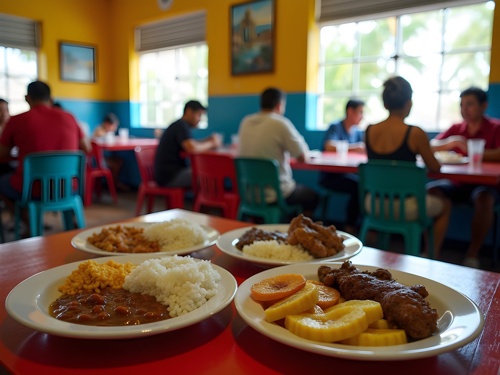 Family enjoying authentic Dominican food at a local comedor in San Pedro