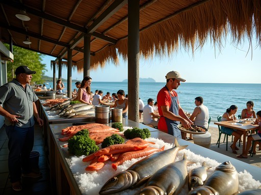 Fresh seafood being prepared at a waterfront restaurant in San Pedro de Macorís