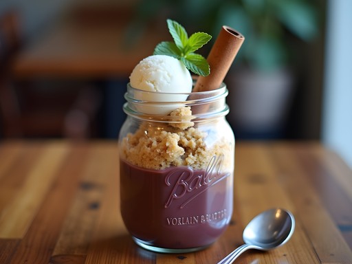 Deconstructed habichuelas con dulce dessert in mason jar at Casa de Dulces