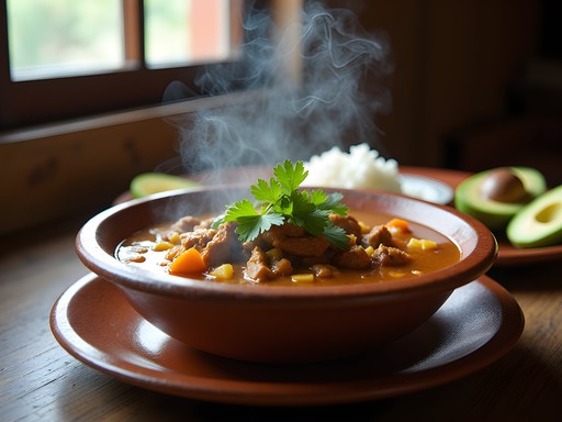 Authentic Dominican sancocho stew in clay bowl at Comedor Doña Fela