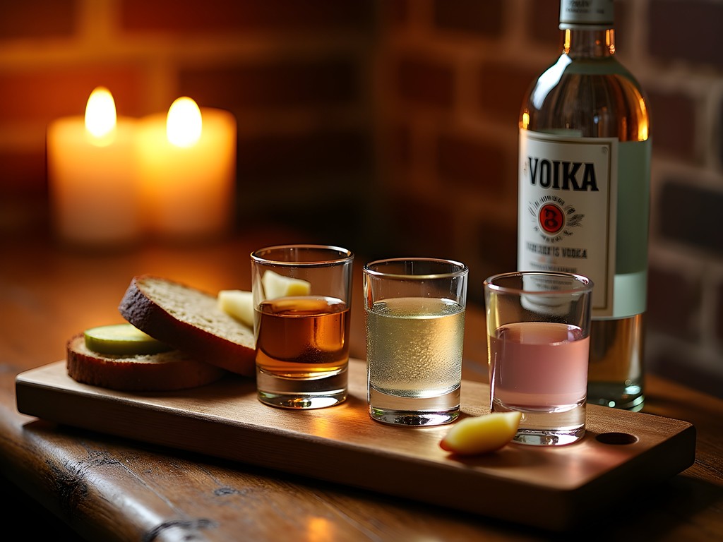 Traditional Polish vodka tasting flight with food pairings in a historic Krakow cellar bar